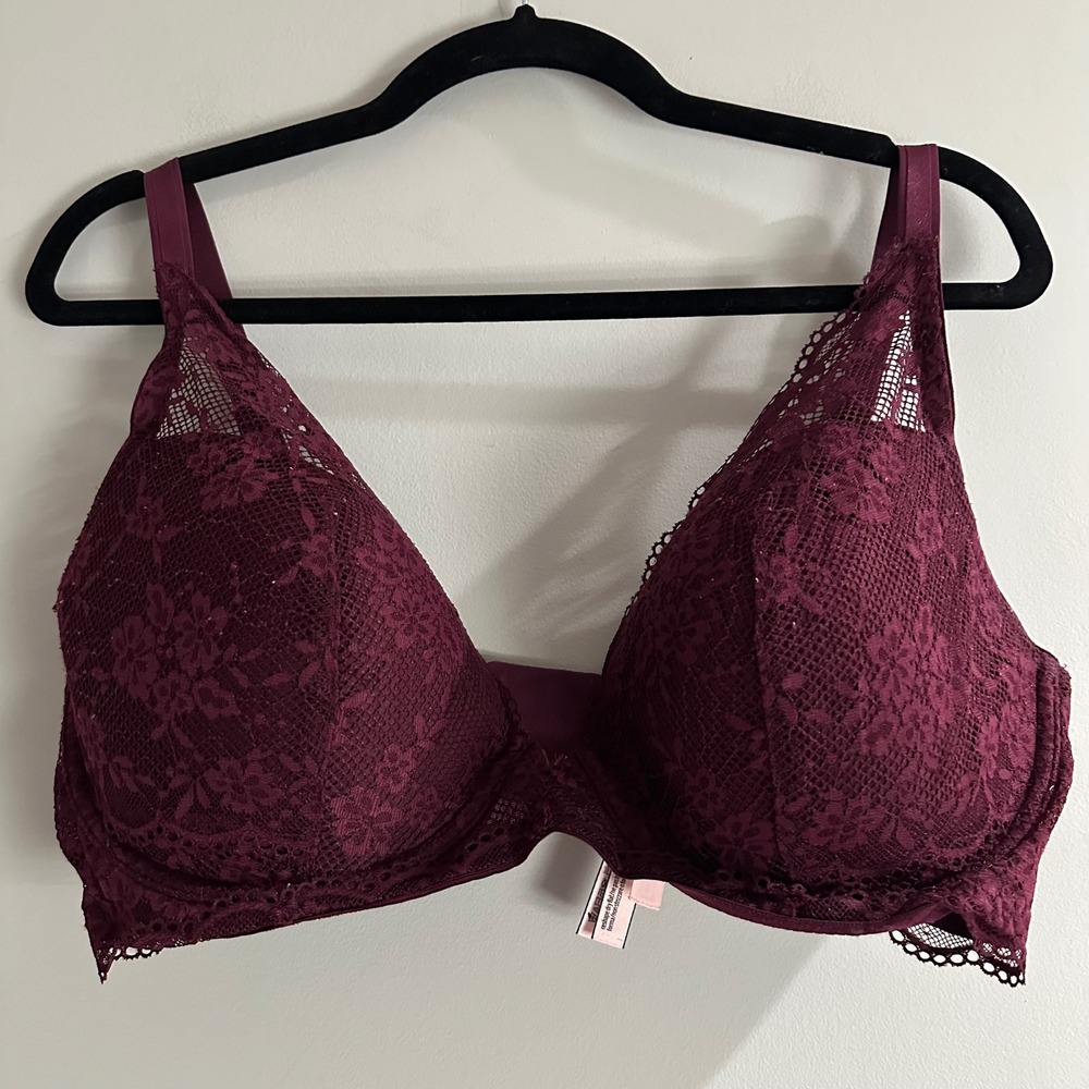 Victoria's Secret Bra Womens 38DDD Plum Burgundy Excellent Floral Lace Underwire